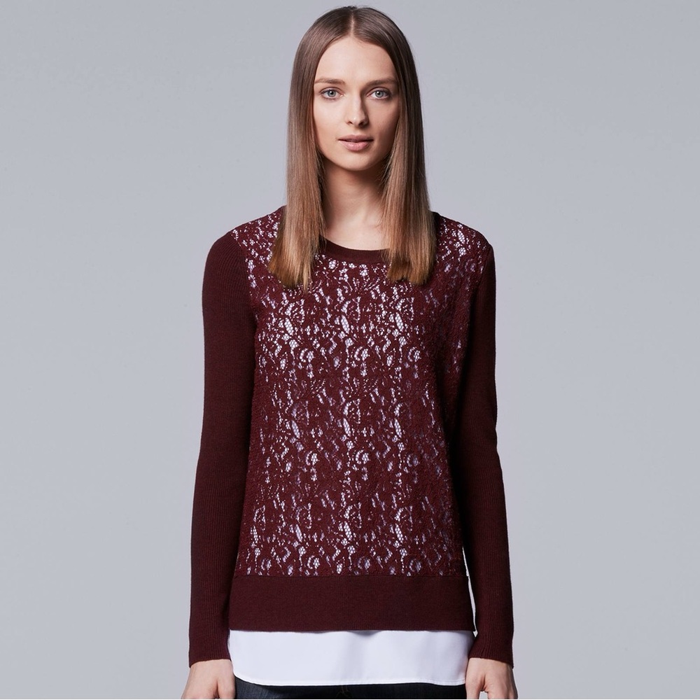 Mock-Layer Lace Sweater Simply Vera Vera Wang Women’s Size S Pullover Sweater